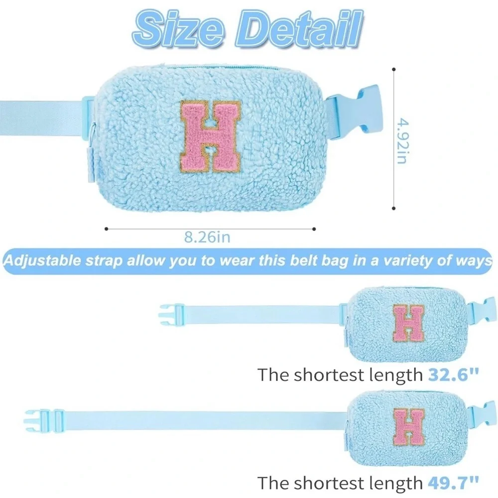Fluffy Blue Kids Pouch with Pink Initial H